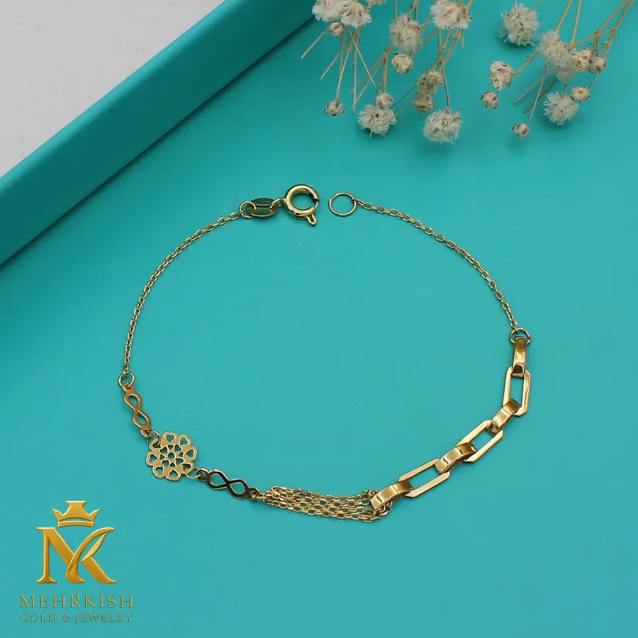 دستبند زنجیری طلا طرح گل کد 7682 دستبند زنجیری طلا کد 7682